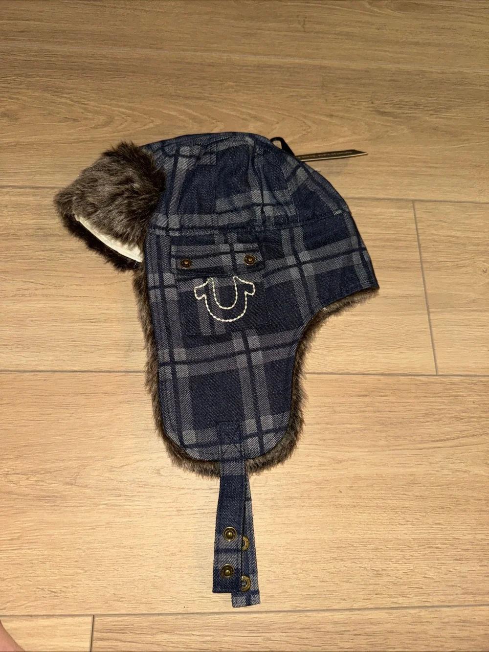 True Religion Navy Plaid Trapper Hat with Faux Fur